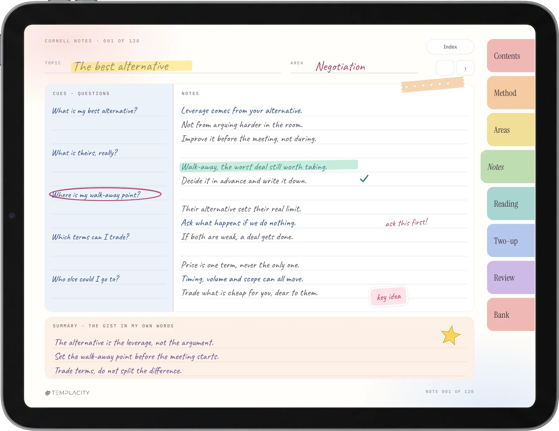 Eine ausgefüllte Cornell-Seite in der farbigen iPad-Ausgabe für Goodnotes: Stichwortfragen links, Notizen in der Mitte, eine Zusammenfassung in drei Zeilen unten und farbige Bereichsreiter am rechten Rand