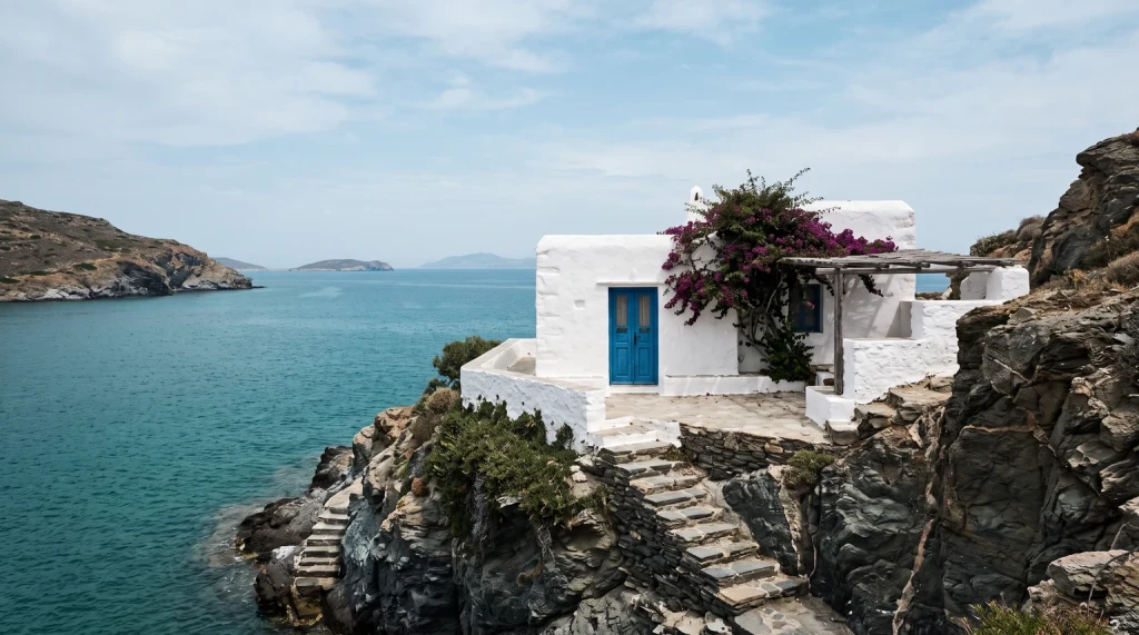 A whitewashed cube house with a blue door perched on a cliff above a turquoise Aegean bay