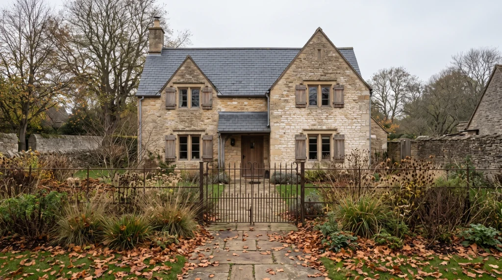 A honey-coloured stone cottage in an English village in late autumn