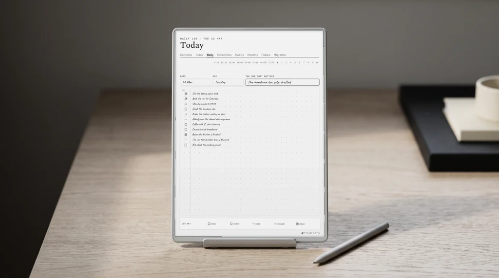 The daily log of The Logbook System, our digital bullet journal, on an e-ink tablet on a desk