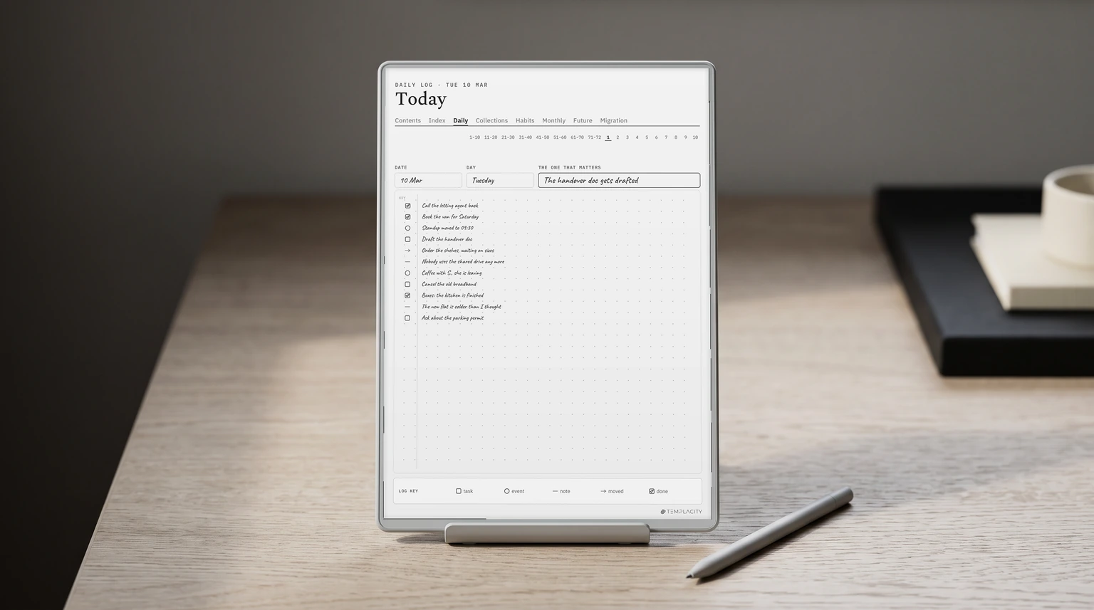 The daily log of The Logbook System, our digital bullet journal, on an e-ink tablet on a desk