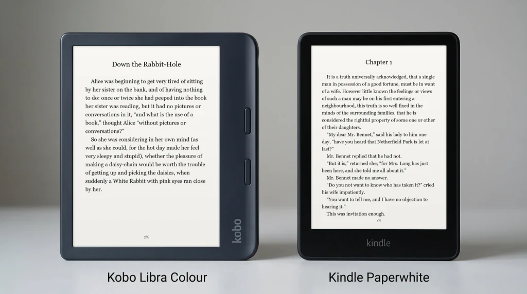 Kobo Libra Colour and Kindle Paperwhite side by side, each showing the opening page of a classic novel