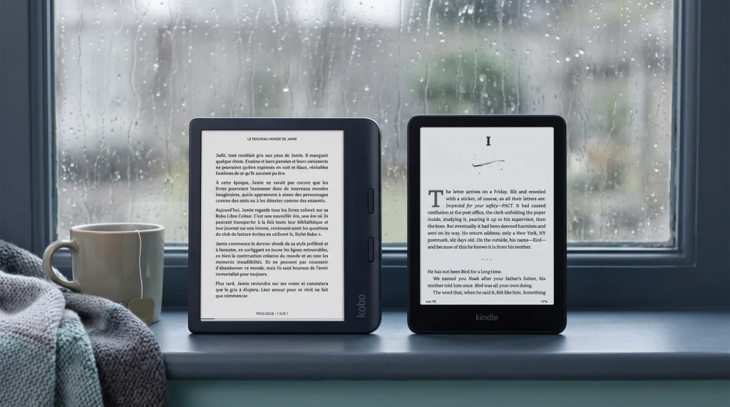 Kobo Libra Colour and Kindle Paperwhite side by side on a rainy windowsill