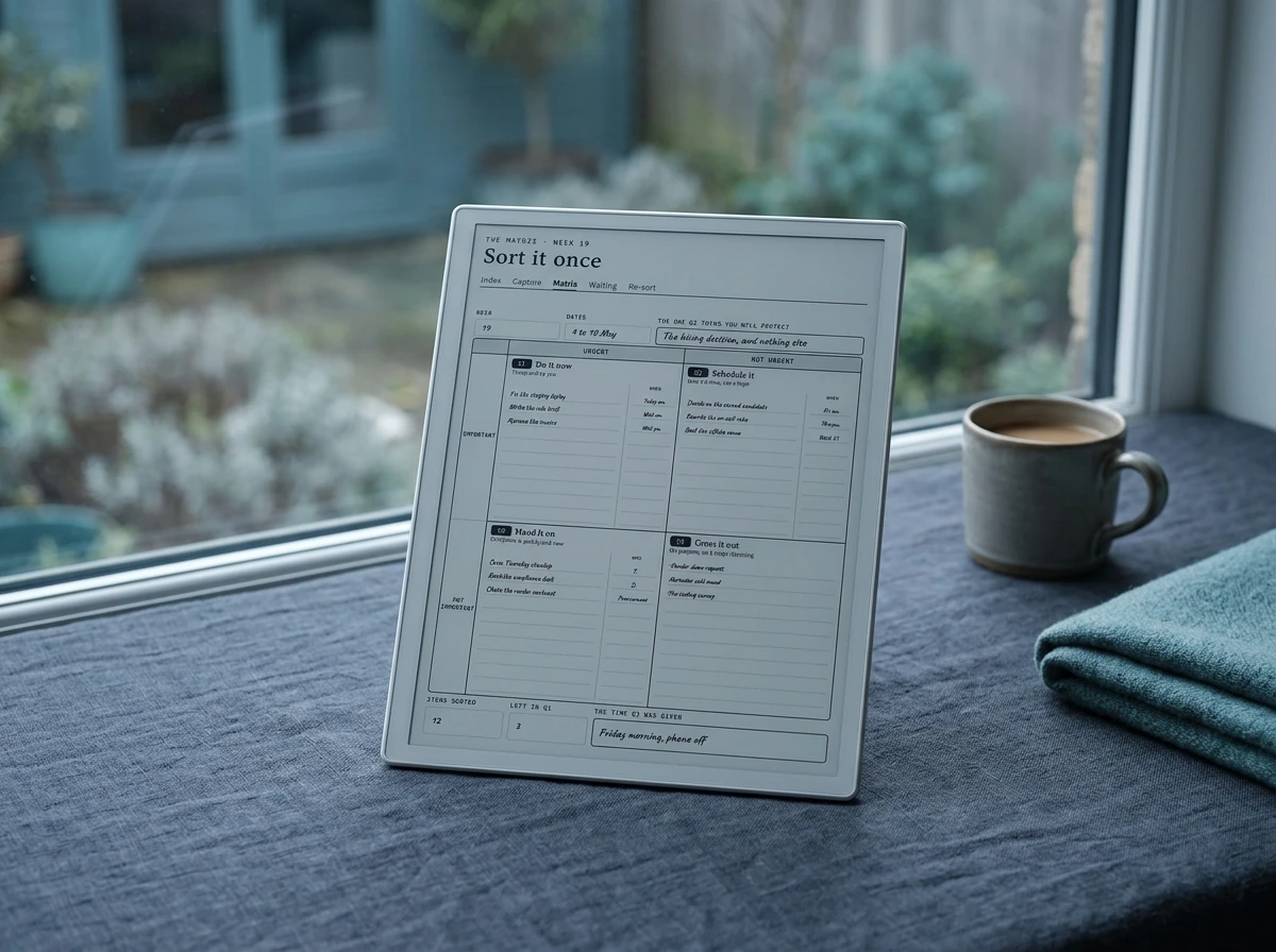 The matrix page of our Eisenhower Matrix Planner on an e-ink tablet on a window seat