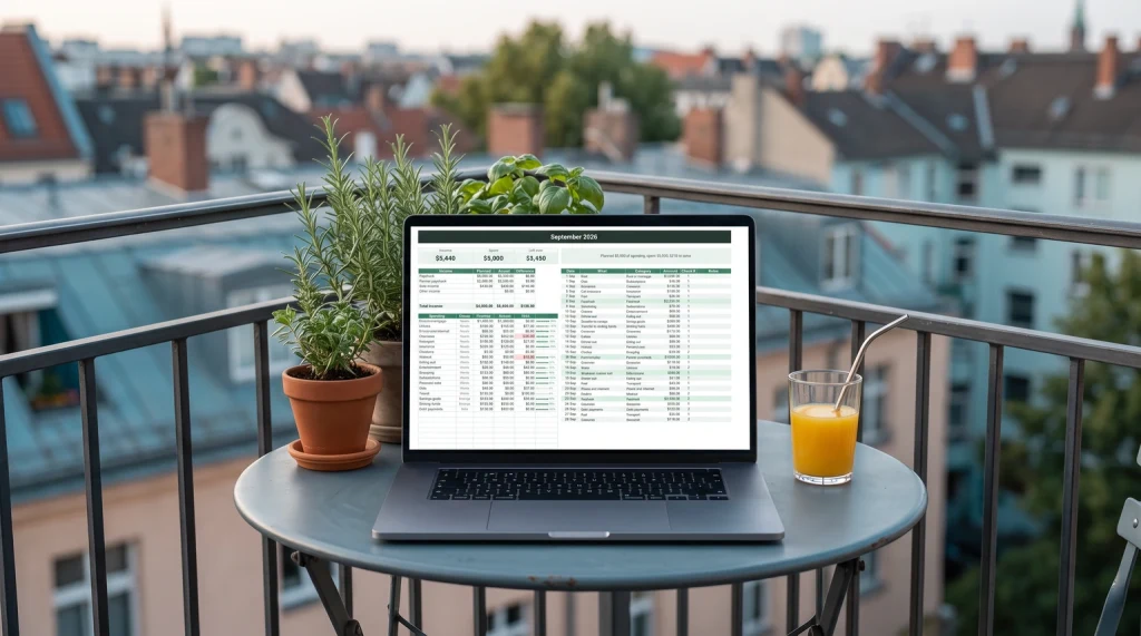 Our Budget & Money Planner September page on a laptop on a city balcony
