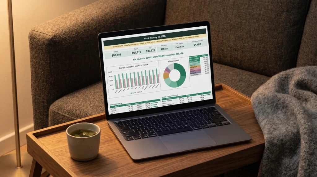 Our Budget & Money Planner year dashboard on a laptop on a sofa tray in the evening