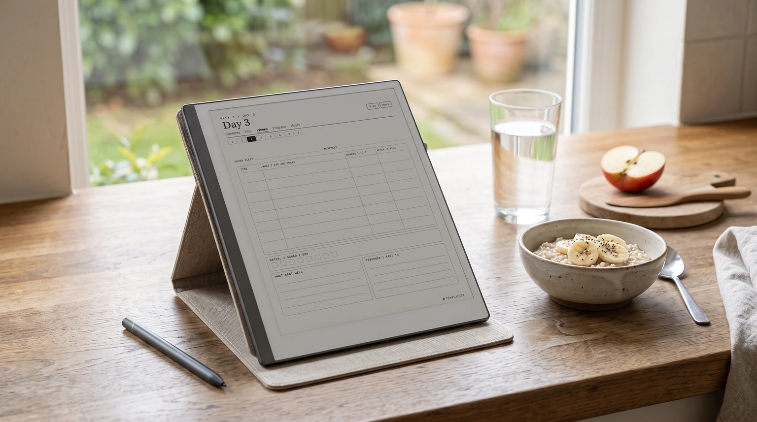 A food diary day page with time, food, hunger and mood columns on an e-ink tablet beside breakfast