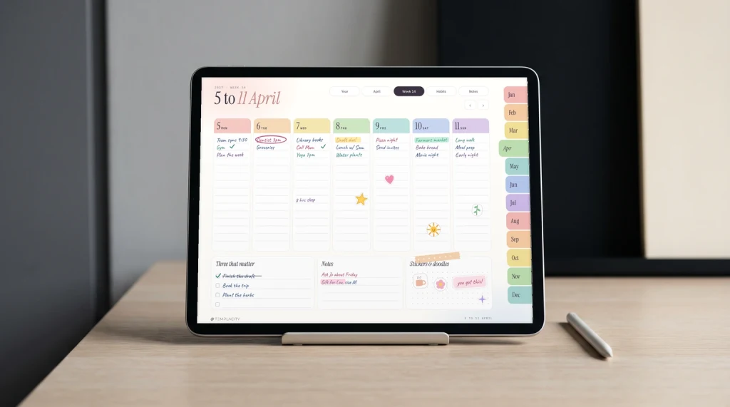 The week page of our Goodnotes digital planner on an iPad on a desk