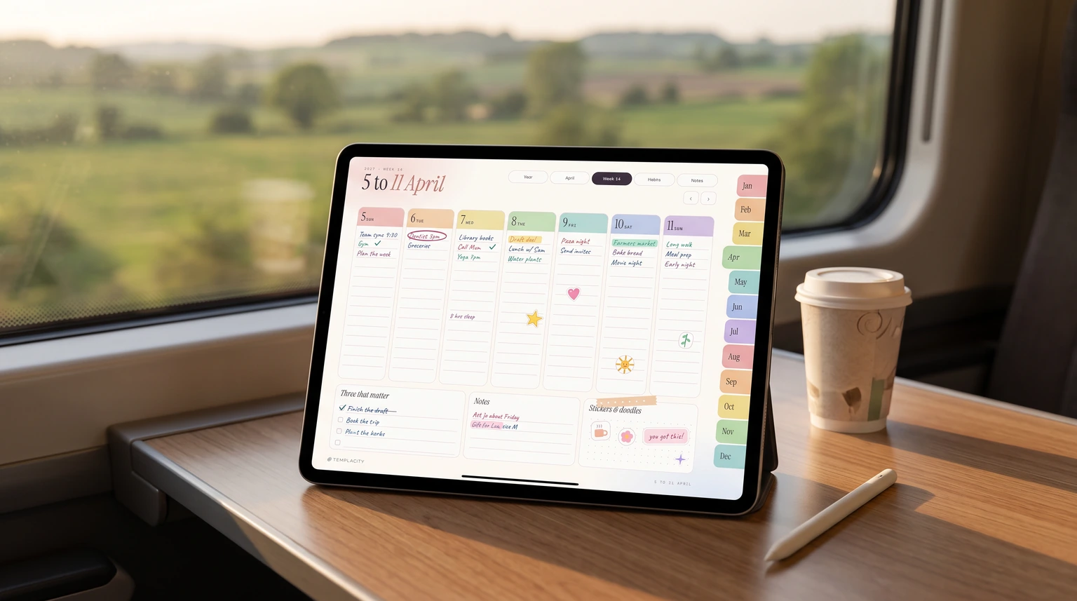 Die Wochenseite unseres digitalen Goodnotes-Planers auf einem iPad auf einem Zugtisch