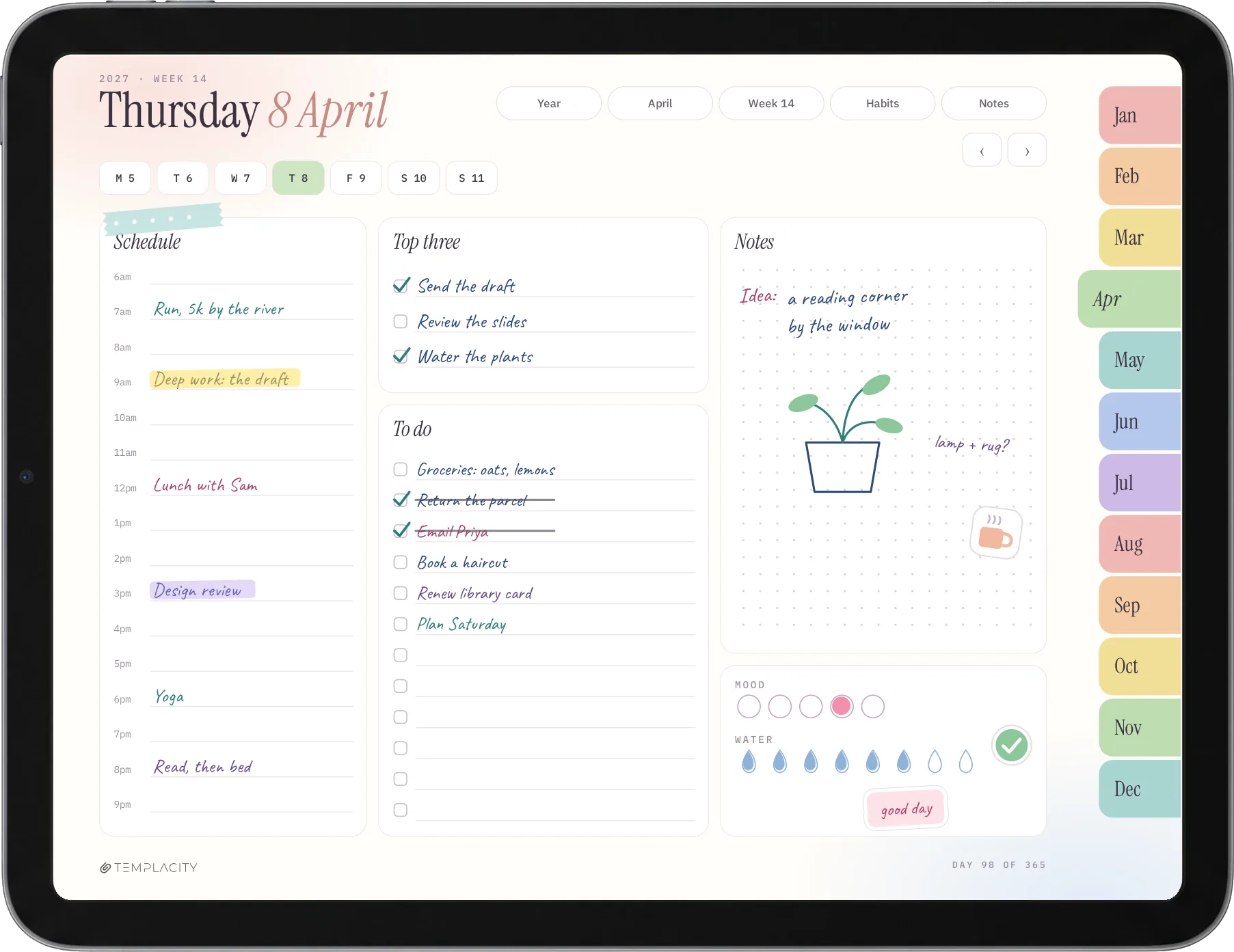 Eine Tagesseite aus dem iPad-Planer 2027: Zeitplan, die drei wichtigsten Punkte, To-do, Stimmung und Wasser