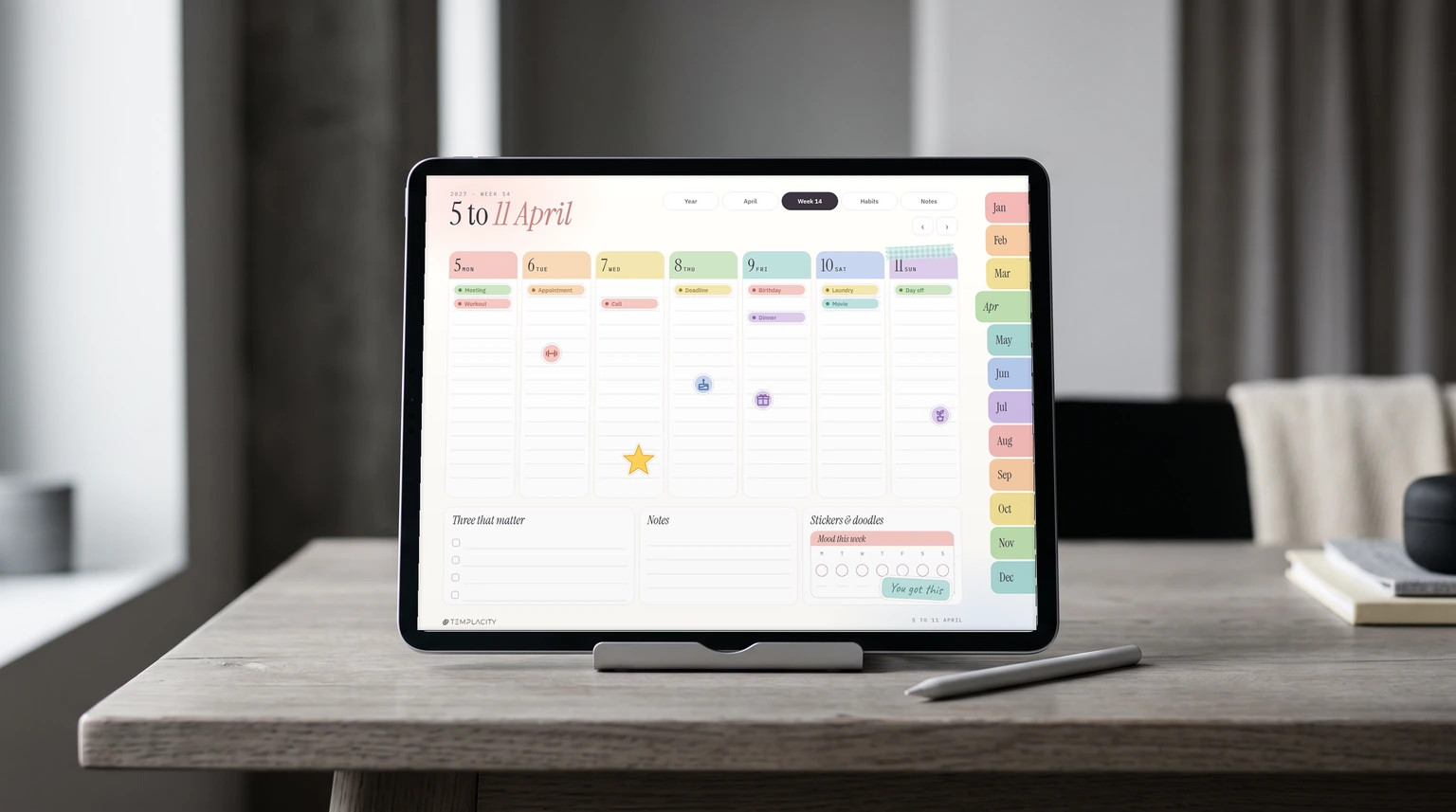 A week in our Goodnotes planner with stickers placed, on an iPad on a desk