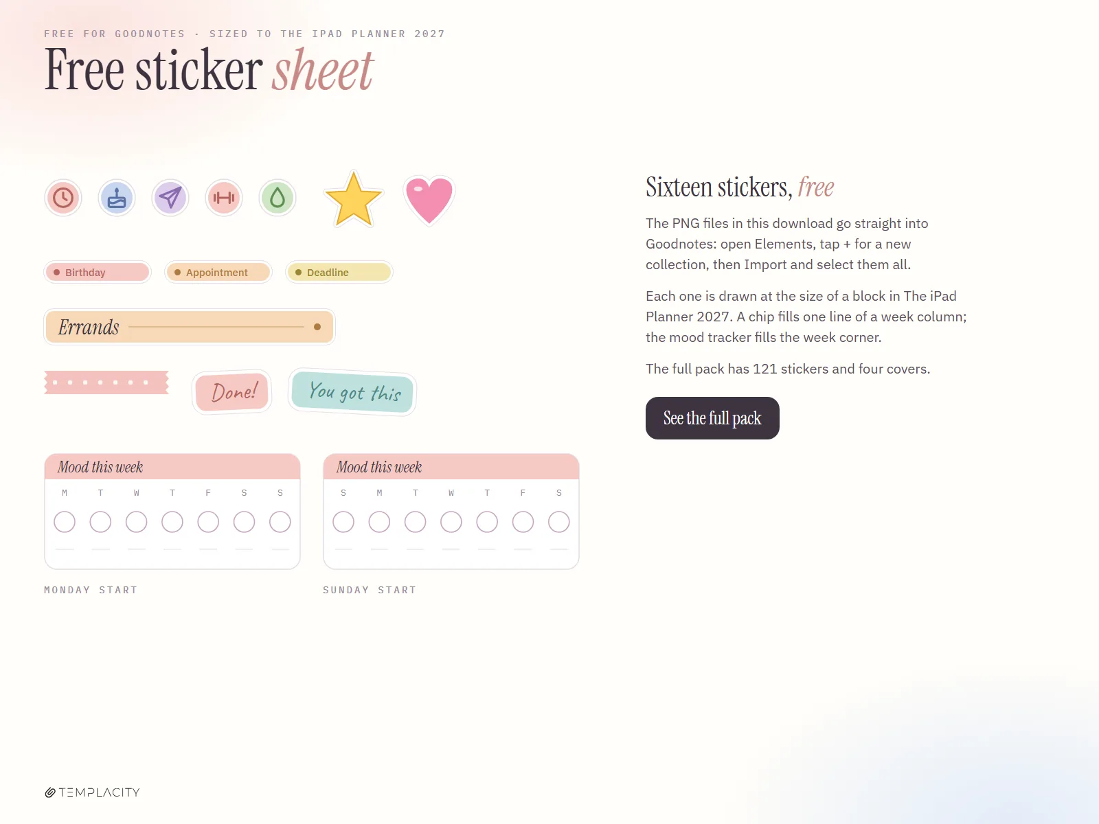 Our free Goodnotes sticker sheet: icons, event chips, a header, washi, words and mood trackers in Monday and Sunday order