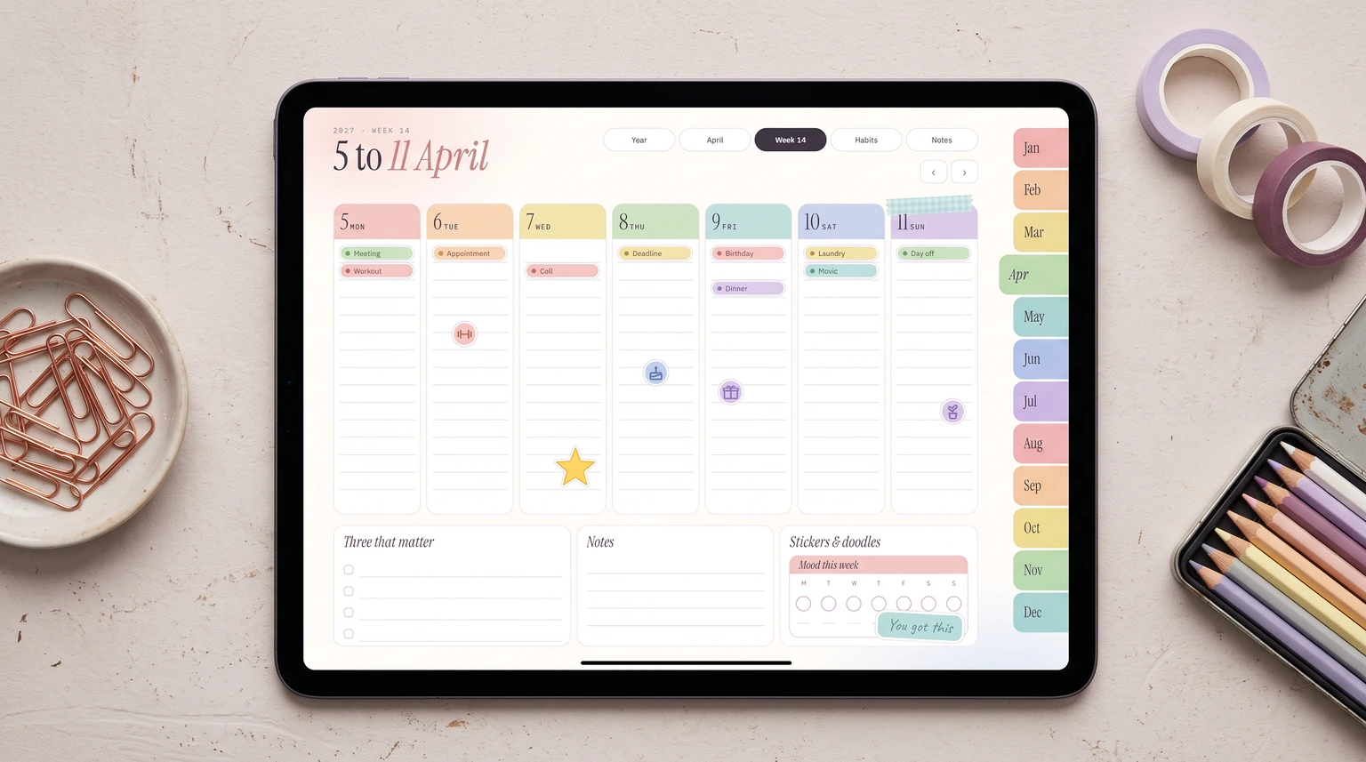 A week in our Goodnotes planner with stickers placed, on an iPad on a craft table