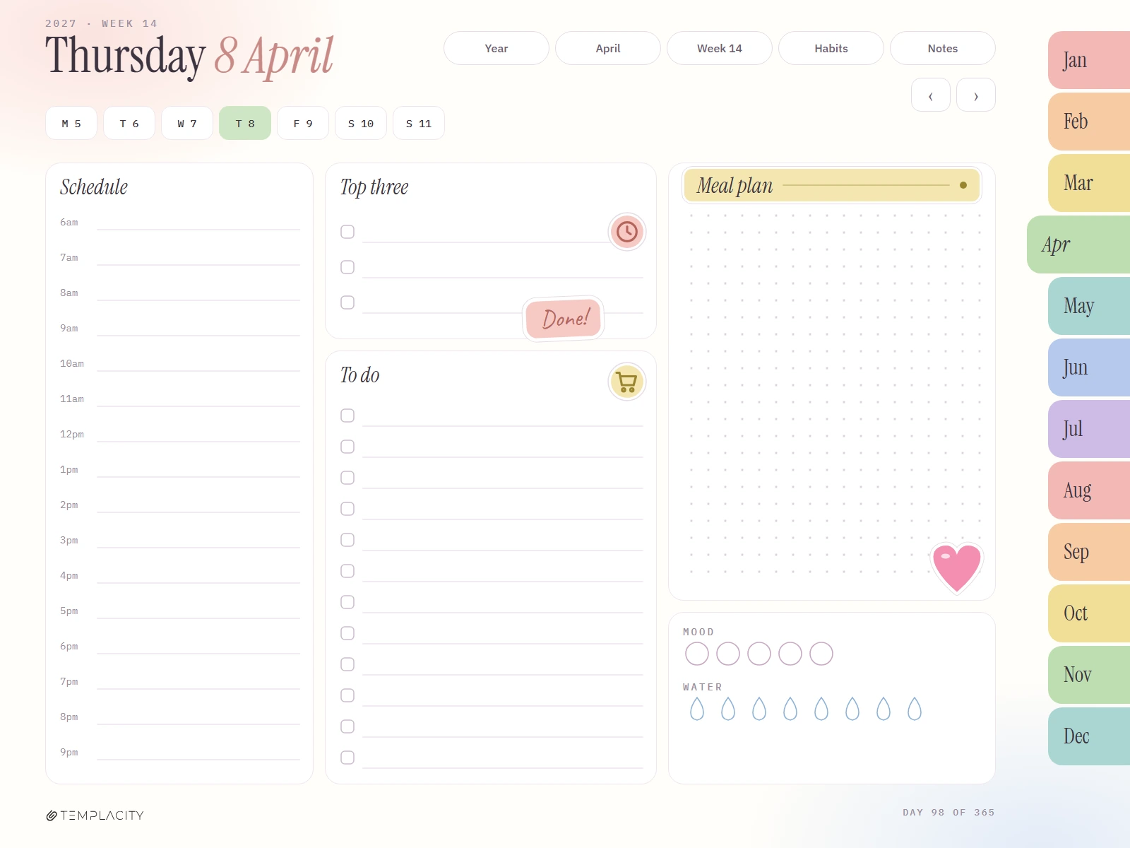 A day header, event chips and icon stickers placed on a day page of the iPad Planner 2027