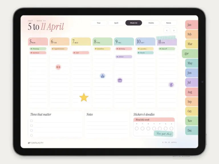 Goodnotes-Sticker auf einer Wochenseite von The iPad Planner 2027, auf einem iPad