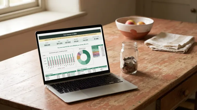 Nuestro Budget & Money Planner para Google Sheets en un portátil sobre una mesa de cocina rústica