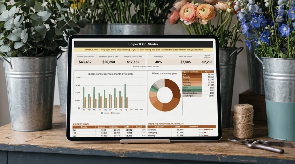 Our Small Business Bookkeeping dashboard on a tablet in a florist's workshop