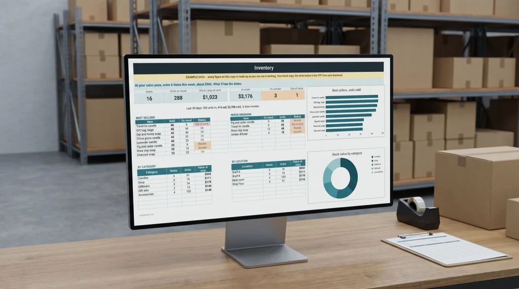 Our Inventory & Stock Tracker dashboard on a monitor in a small warehouse