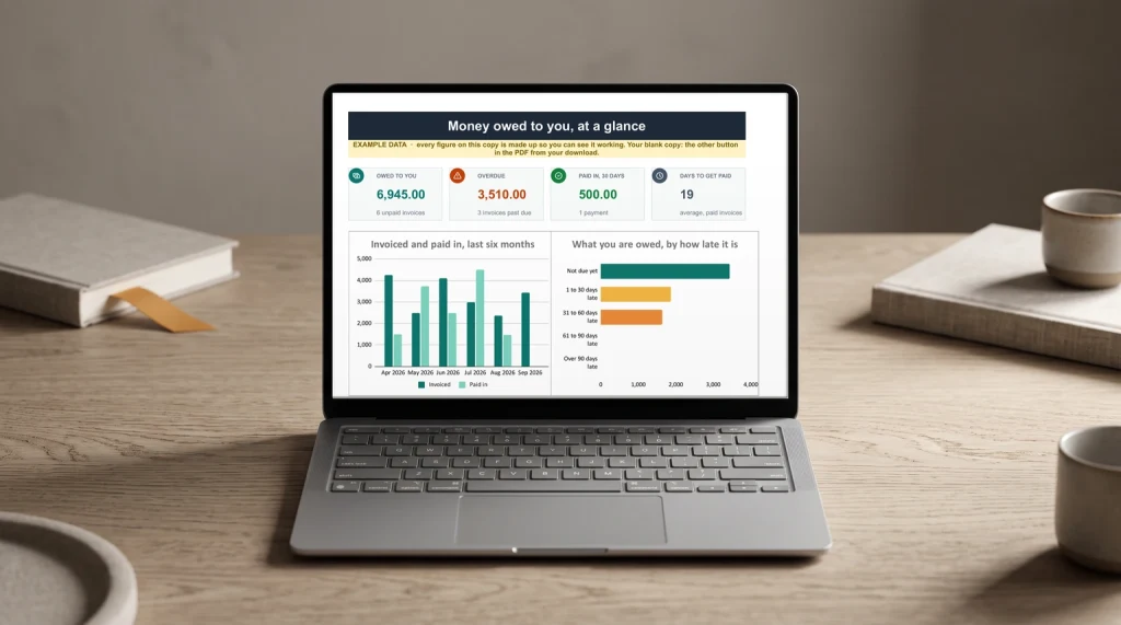 The money owed page of our Invoice Template spreadsheet on a laptop: what each client owes, what is overdue and what came in this month