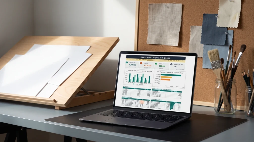 Our Invoice Template money owed page on a laptop in a designer's studio