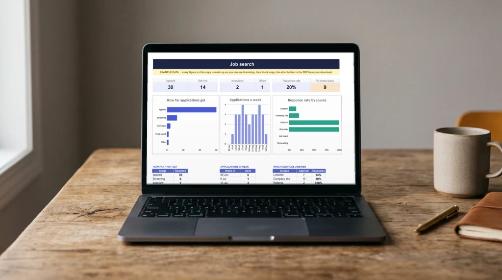 The dashboard of our Job Application Tracker spreadsheet on a laptop: applications by stage, interviews booked and follow-ups due