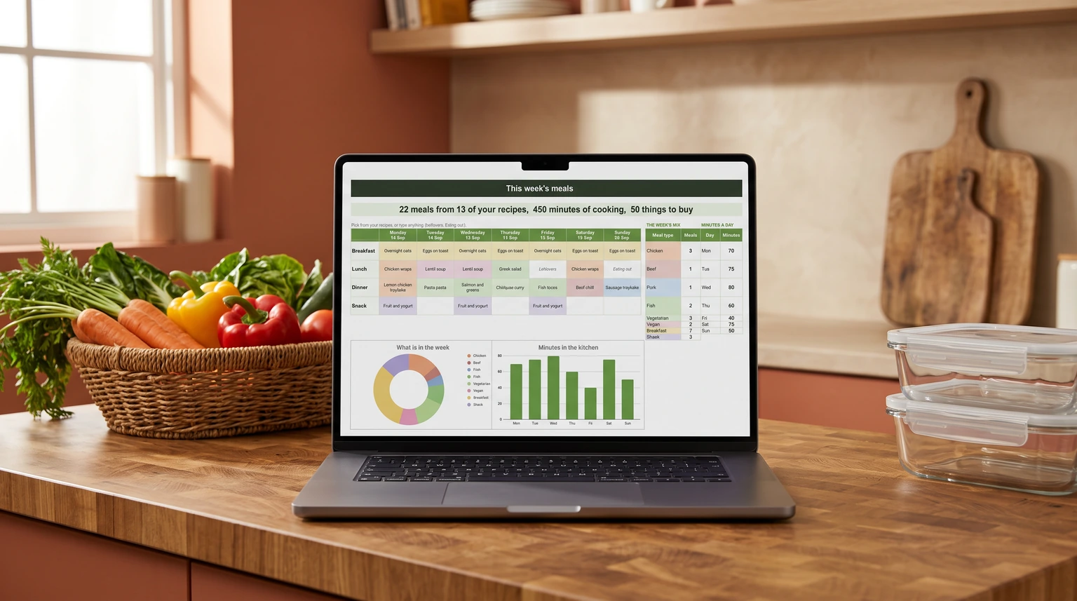 Our Meal Planner & Grocery List week tab on a laptop on a kitchen counter