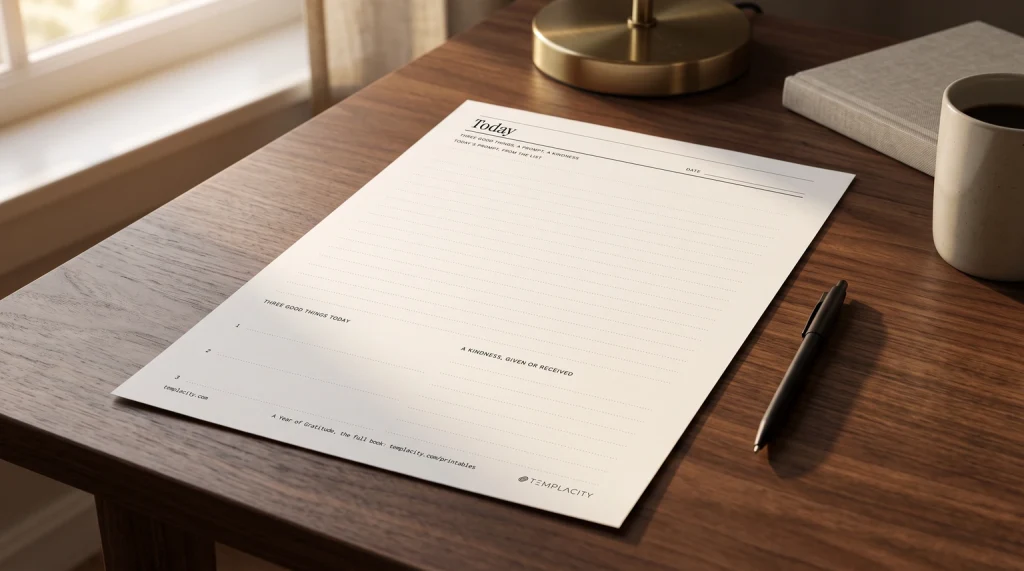 Our free printable gratitude worksheet, a day page with three good things and a kindness, on a walnut desk under an evening lamp