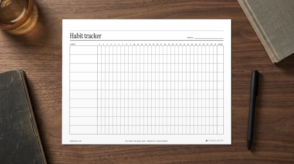 Our free printable habit tracker on a desk: a monthly grid with a row for each habit and a column for each day, printed on US Letter
