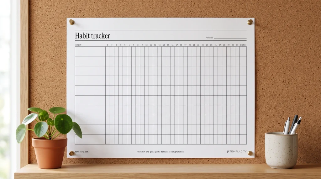 Our free printable habit tracker pinned to a cork board above a desk