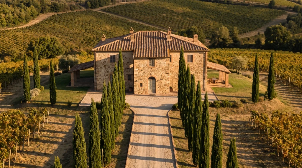 A Tuscan stone farmhouse with terracotta roof tiles at the end of a gravel lane lined with tall cypress trees
