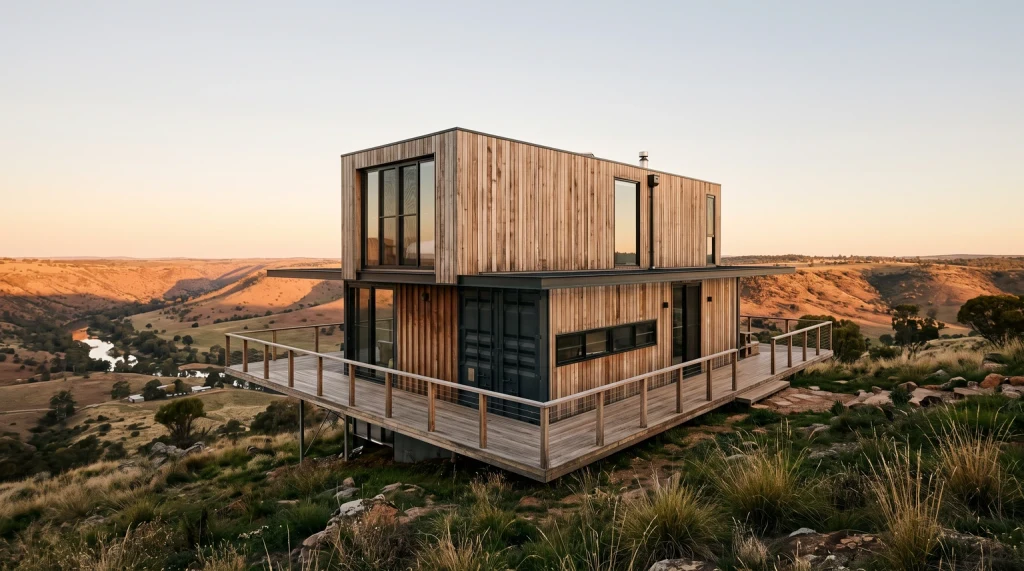A modern home built from two stacked shipping containers clad in timber