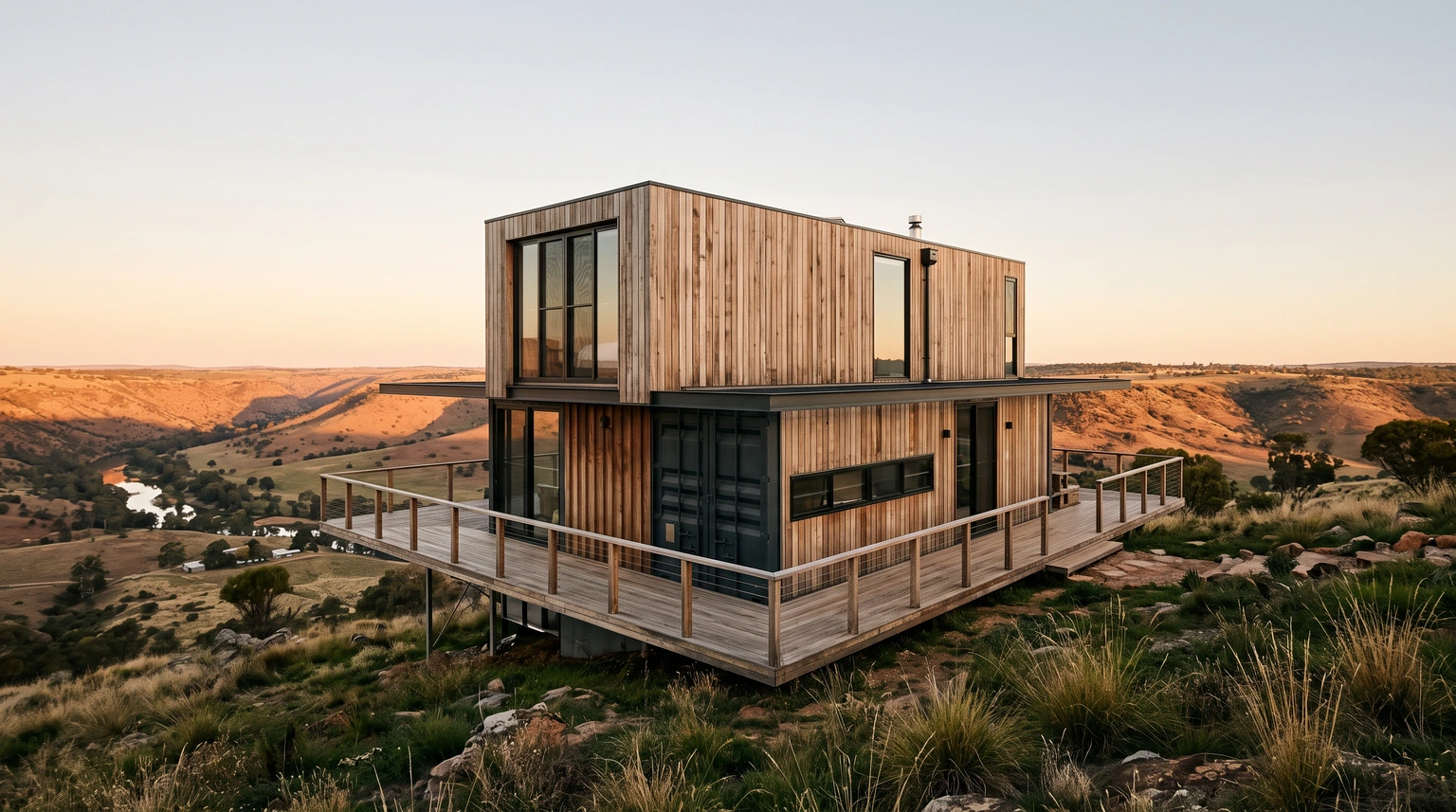 A modern home built from two stacked shipping containers clad in timber