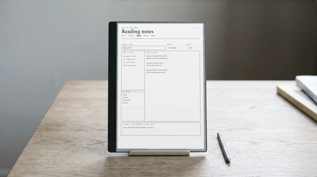 A Cornell notes template page on a Kindle Scribe on a desk