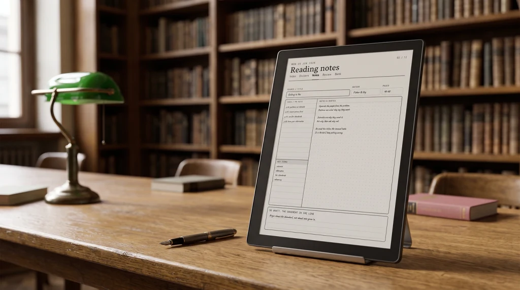 A Cornell notes template page on a Kindle Scribe on a library table