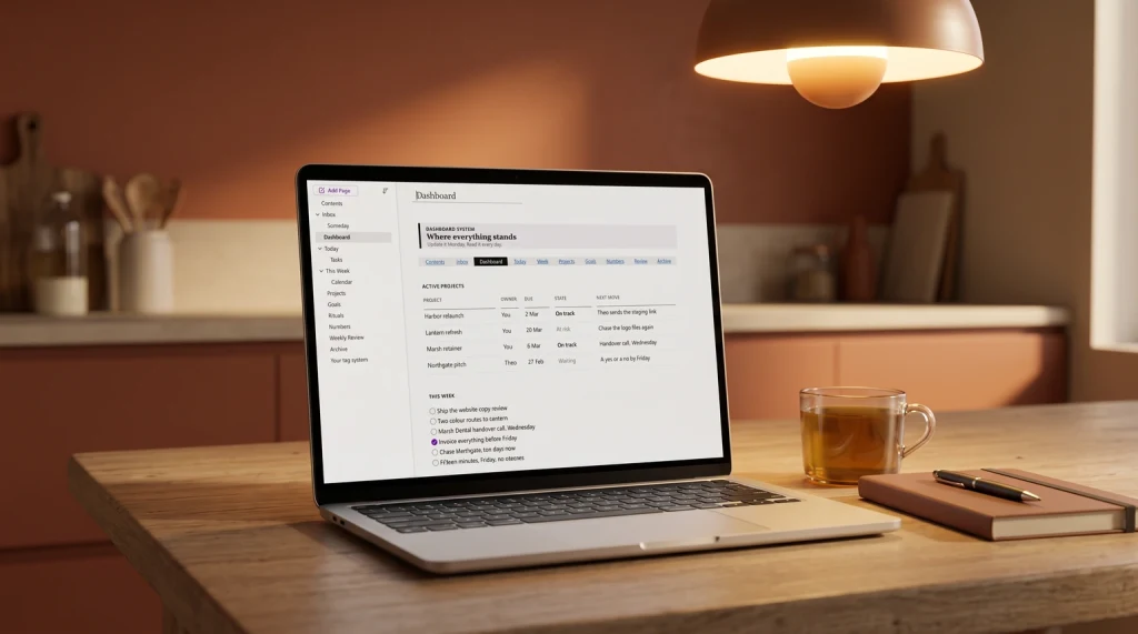 Active projects on the dashboard page of our OneNote templates on a laptop on a kitchen table