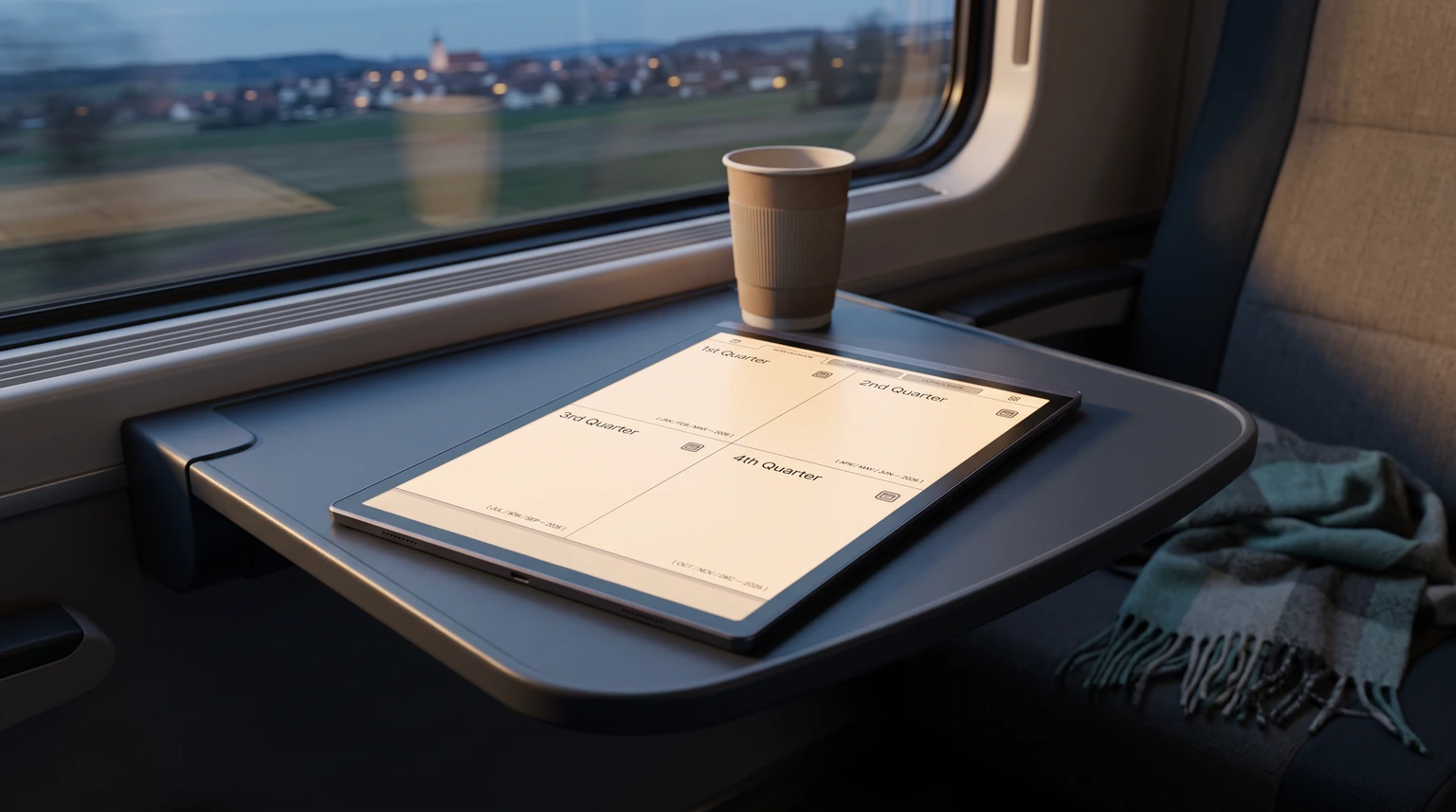 iFLYTEK AINOTE Air 2 with a planner on screen on a train table at dusk