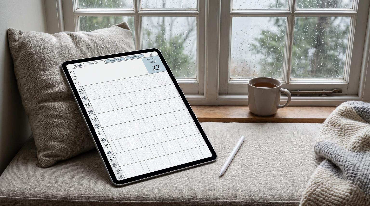 A weekly planner page in Notability on a tablet in a rainy window seat