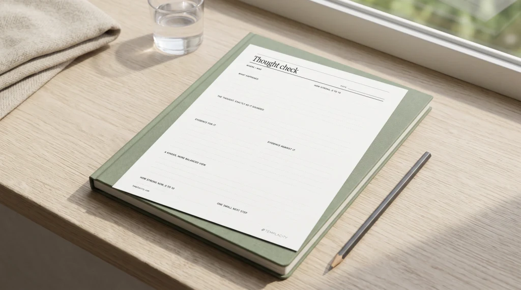Our free anxiety journal thought check page, with evidence for and against columns, printed and resting on a notebook by a window