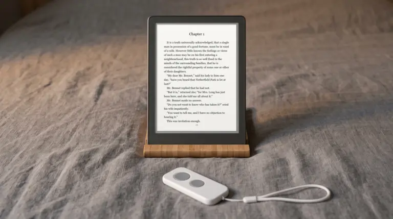Eine kleine weiße Blätter-Fernbedienung mit zwei Tasten auf einer Bettdecke, vor einem E-Reader auf einem Ständer