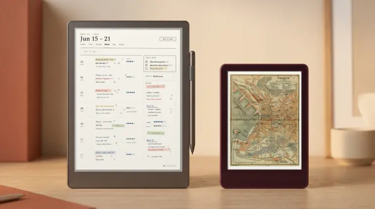 Die Wochenseite von The Planner in Farbe auf einem Kindle Scribe Colorsoft mit 11 Zoll neben einem Kindle Colorsoft mit 7 Zoll, der eine farbige Stadtkarte zeigt