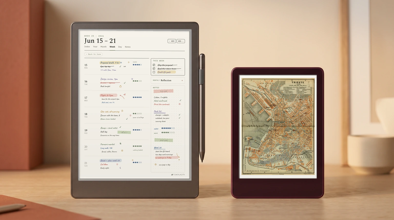 The Planner week page in color on an 11-inch Kindle Scribe Colorsoft beside a 7-inch Kindle Colorsoft showing a color city map