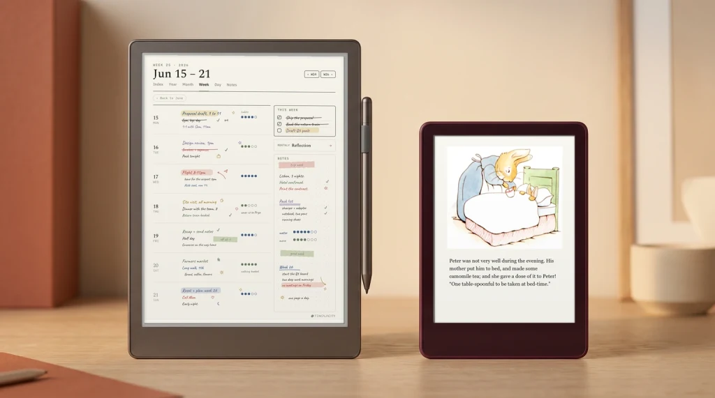 The Planner week page in color on an 11-inch Kindle Scribe Colorsoft beside a 7-inch Kindle Colorsoft showing an illustrated book page