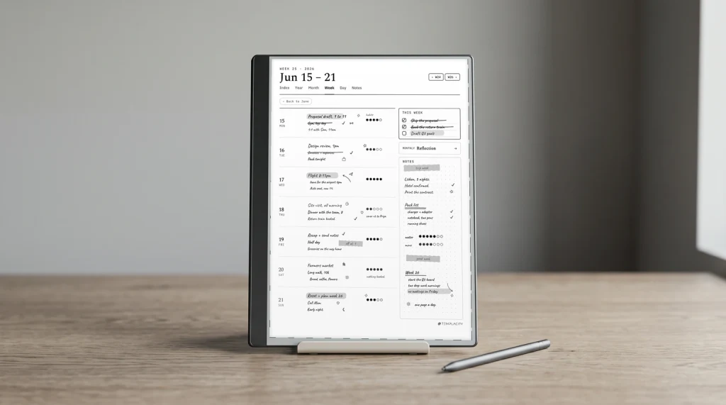 The Planner week page on a Kindle Scribe on a desk