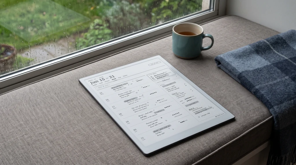 The Planner week page on a Kindle Scribe on a window seat on a rainy day
