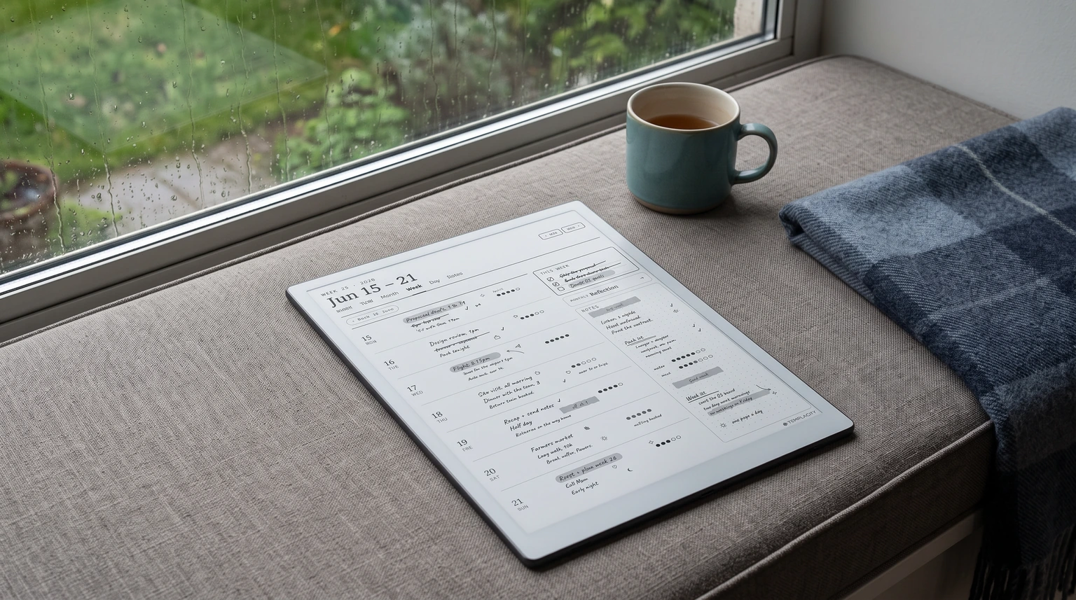 Die Wochenseite des Planers auf einem Kindle Scribe, auf einer Fensterbank an einem Regentag