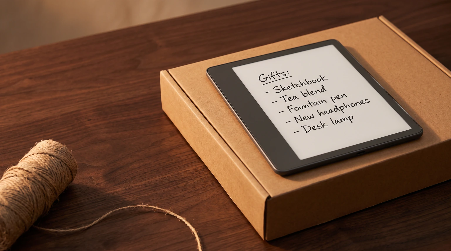 Kindle Scribe resting on a shipping box with a handwritten gift list on screen