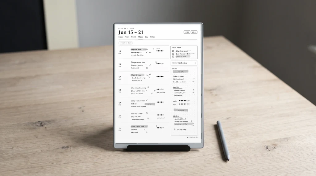 A weekly planner page on a Kindle Scribe on an oak desk