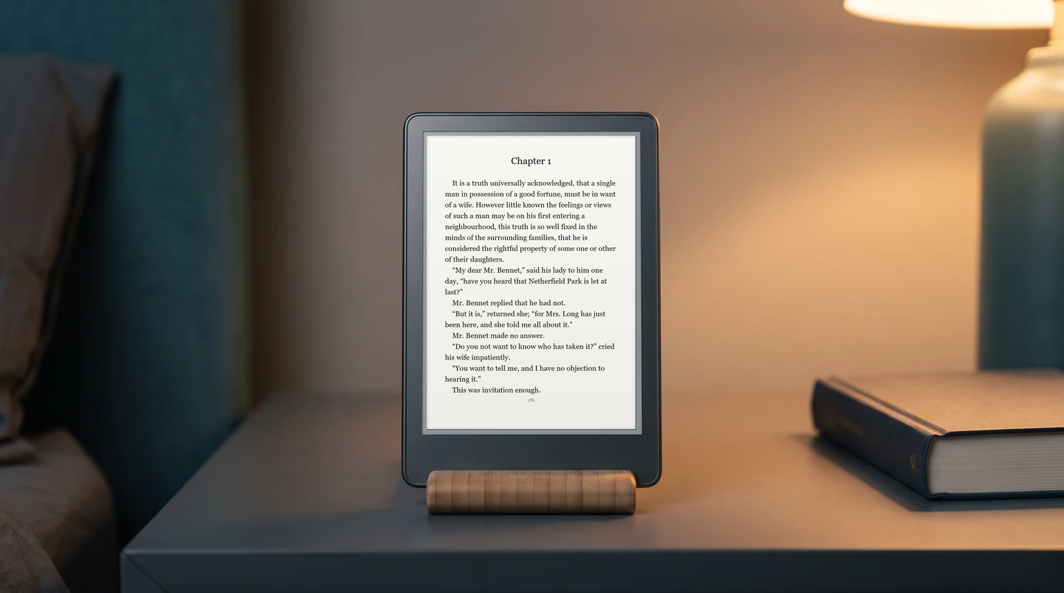 The opening page of Pride and Prejudice on a flush-front seven-inch e-reader on a bedside table