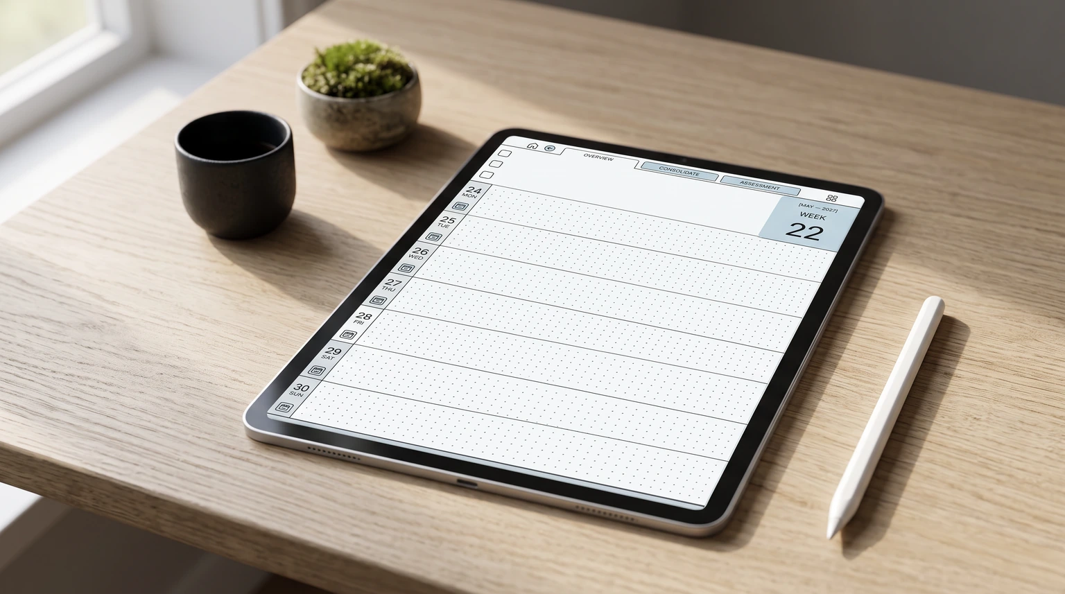 A Notability Templates weekly planner page on an iPad on an oak desk