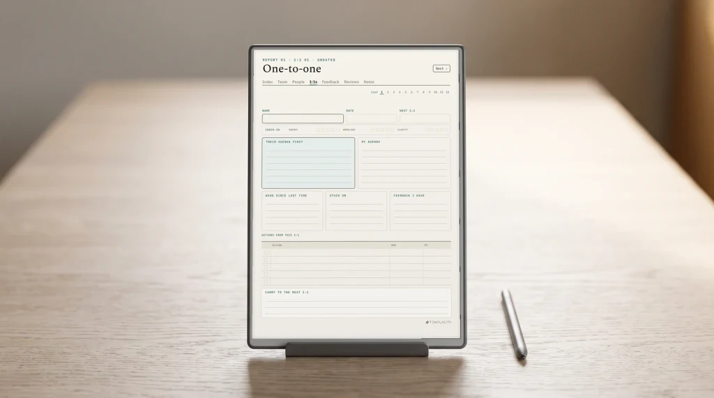 The one-to-one page of our People Manager Planner on a reMarkable Paper Pro on a desk